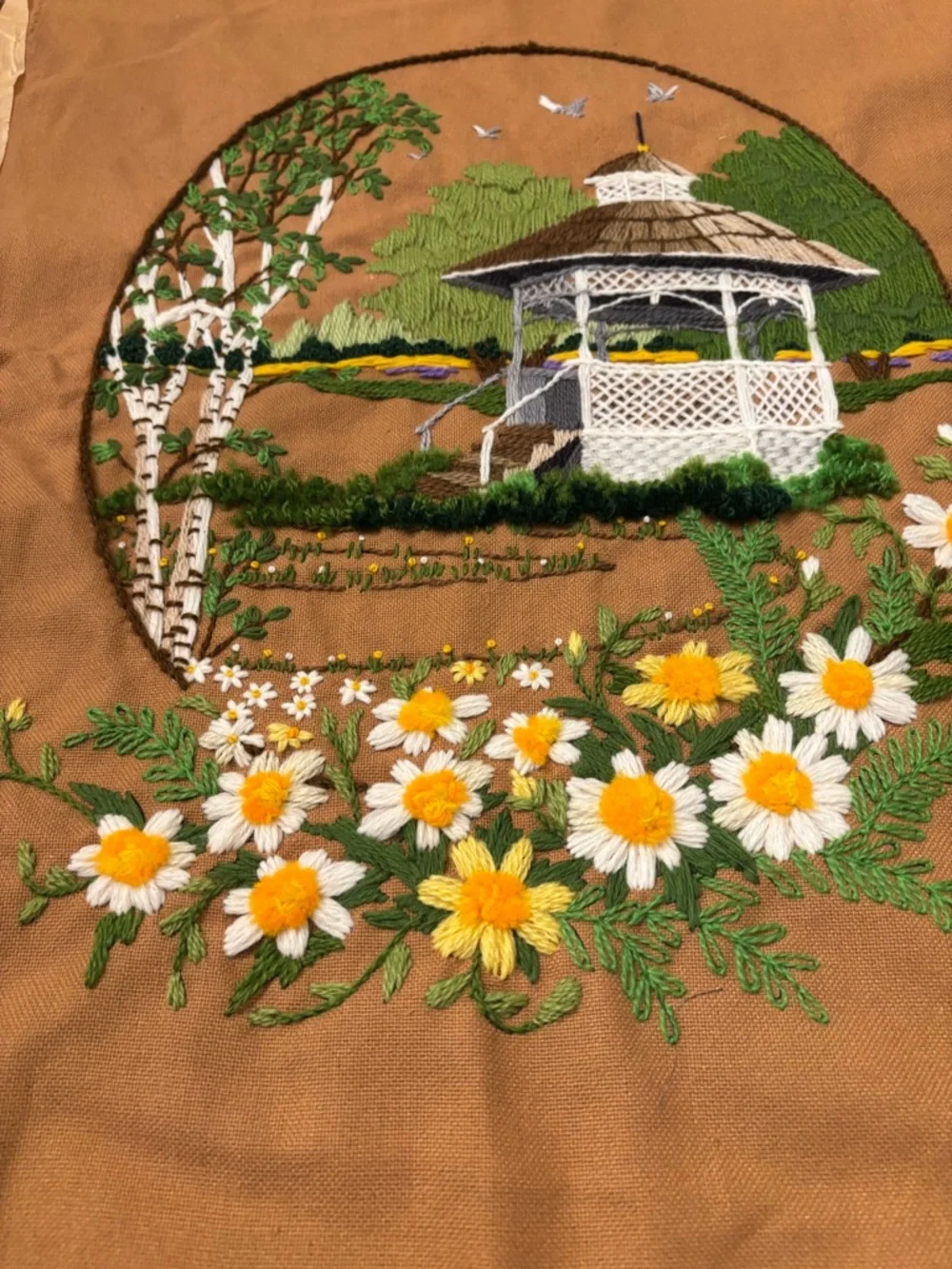 Vintage 1979 Sunset Designs Crewel Embroidery Gazebo Cottage Garden